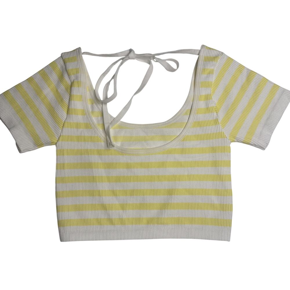 Yellow White Striped‎ Ribbed Crop Top Tie-Back Short Sleeve Knit - Picture 7 of 7